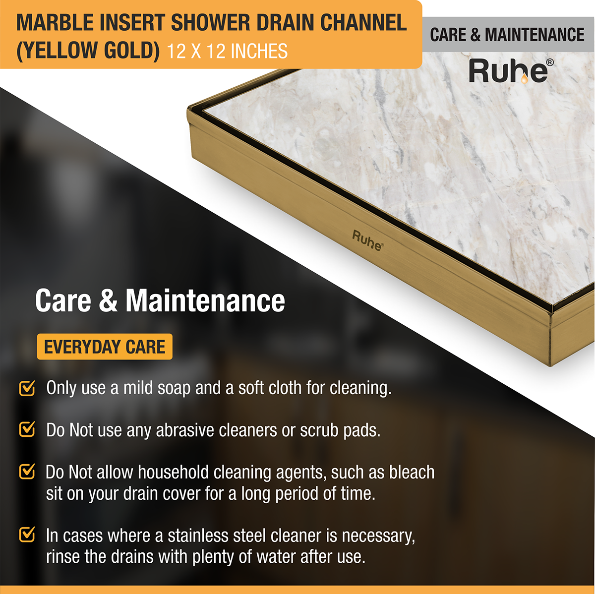 Marble Insert Shower Drain Channel (12 x 12 Inches) YELLOW GOLD PVD Coated care and maintenance