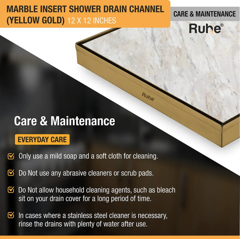 Marble Insert Shower Drain Channel (12 x 12 Inches) YELLOW GOLD PVD Coated - by Ruhe