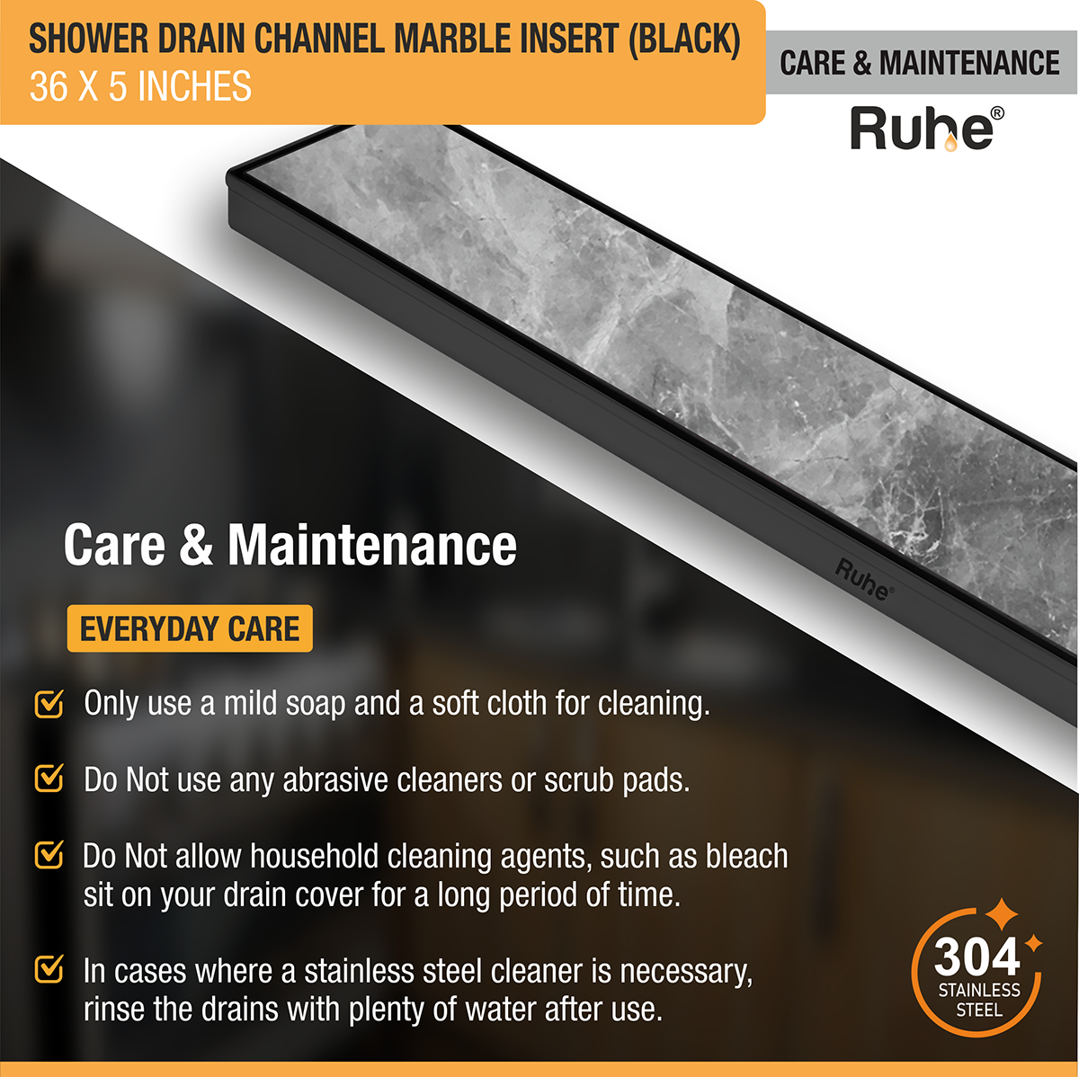 Marble Insert Shower Drain Channel (36 x 5 Inches) Black PVD Coated - by Ruhe®