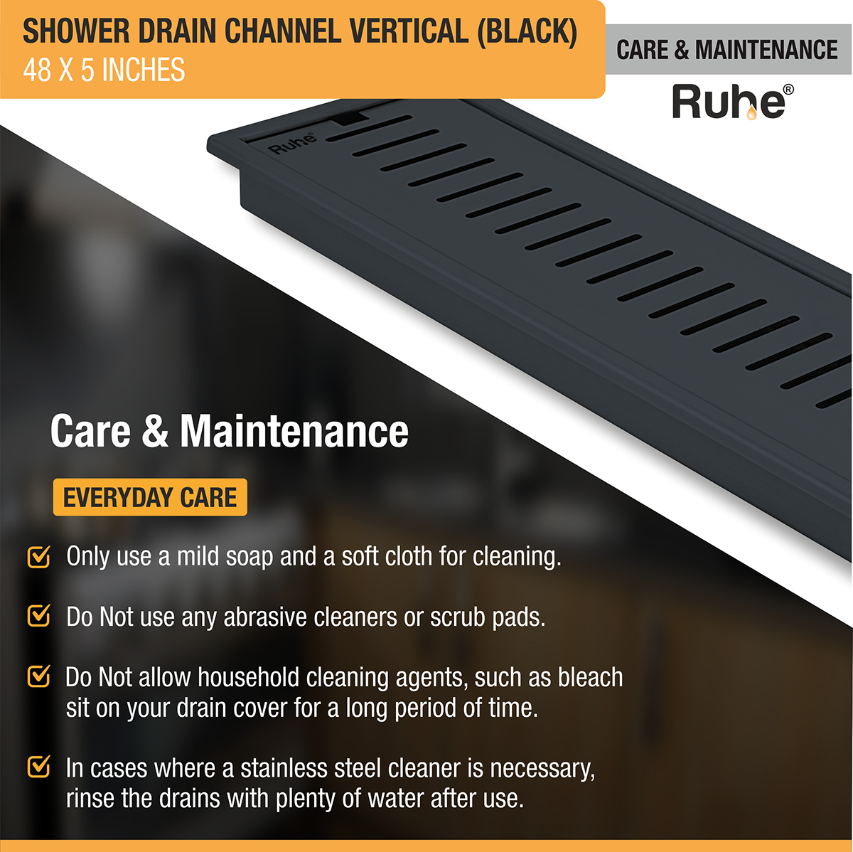 Vertical Shower Drain Channel (48 x 5 Inches) Black PVD Coated - by Ruhe®