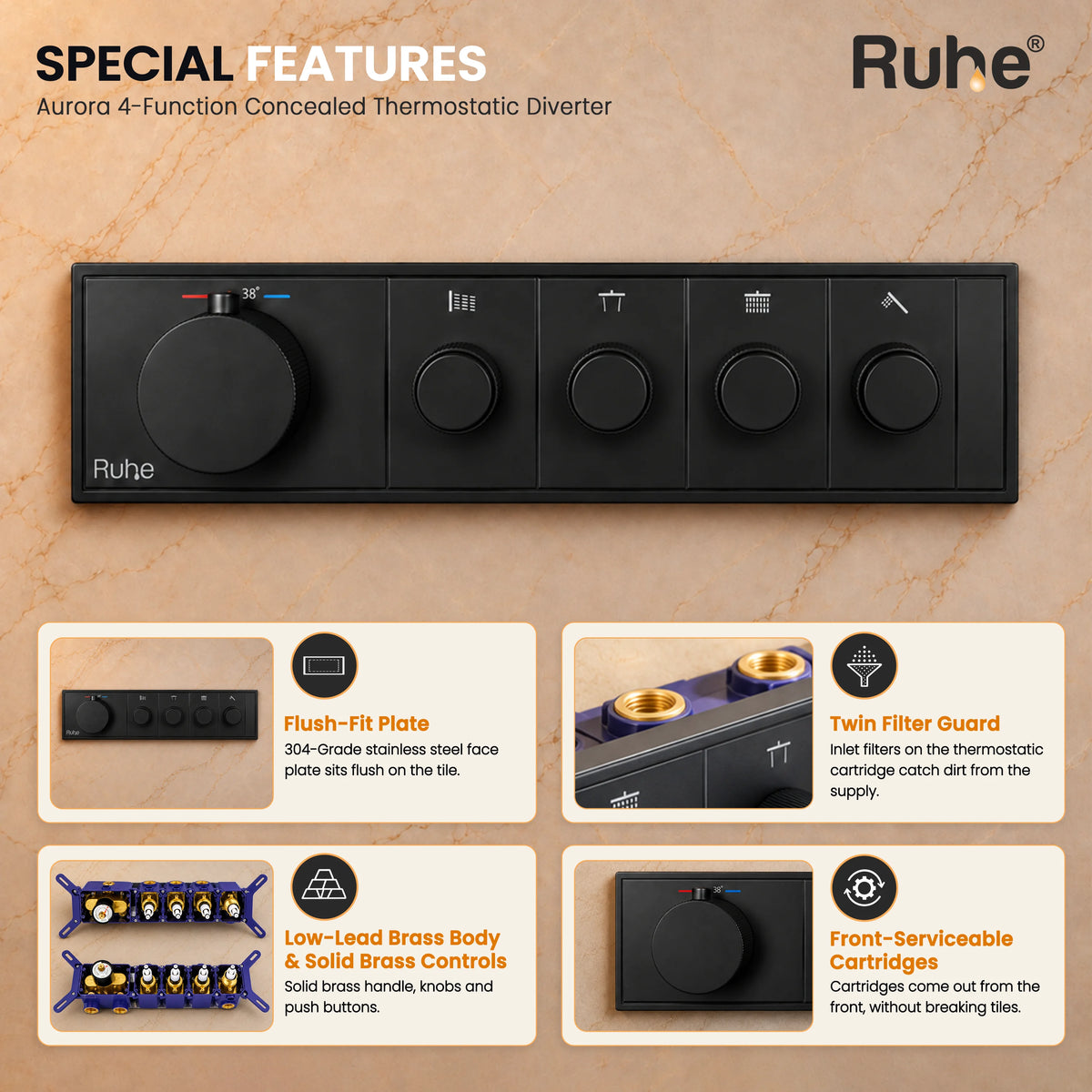 Aurora 4-Function Brass Concealed Thermostatic Diverter