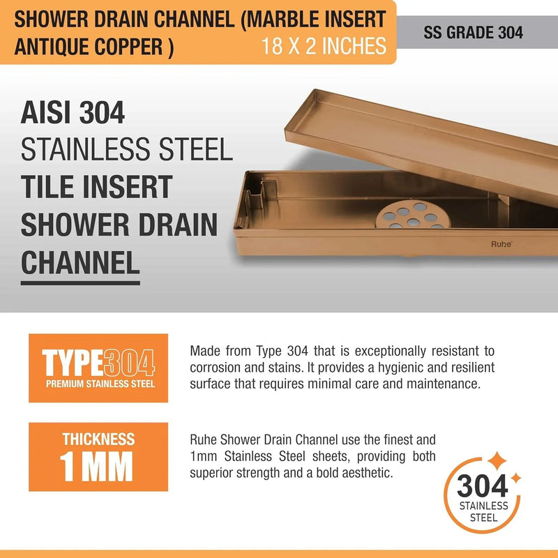 Marble Insert Shower Drain Channel (18 x 2 Inches) Antique Copper PVD Coated - by Ruhe