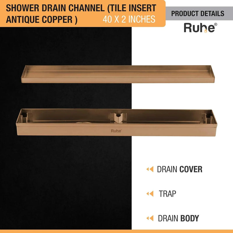 Tile Insert Shower Drain Channel (40 x 2 Inches)Antique Copper PVD Coated - by Ruhe