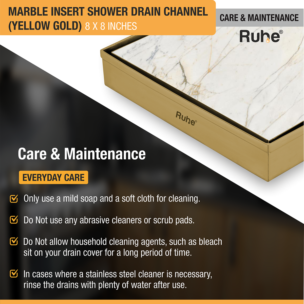 Marble Insert Shower Drain Channel (8 x 8 Inches) YELLOW GOLD PVD Coated care and mainetenance