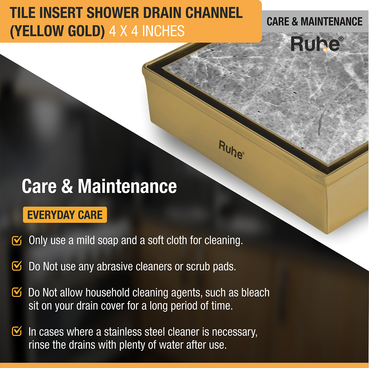 Tile Insert Shower Drain Channel (4 x 4 Inches) YELLOW GOLD PVD Coated - by Ruhe®