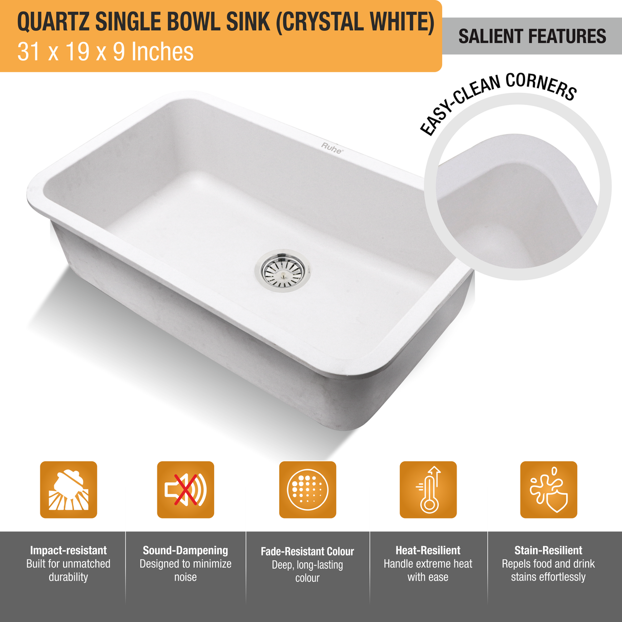 Crystal White Quartz Single Bowl Kitchen Sink  (31 x 19 x 9 inches) - by Ruhe