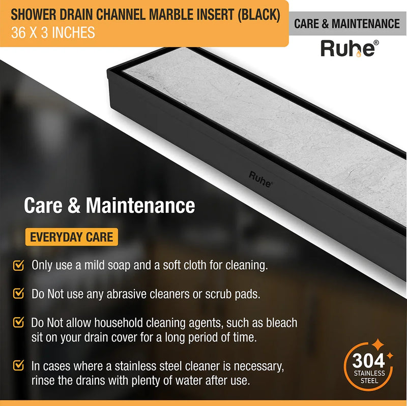 Marble-Insert Shower Drain Channel Black (3 Inches)