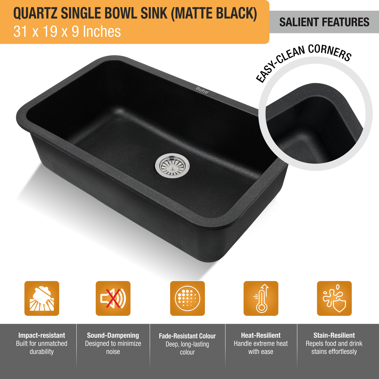 Matte Black Quartz Single Bowl Kitchen Sink  (31 x 19 x 9 inches) - by Ruhe