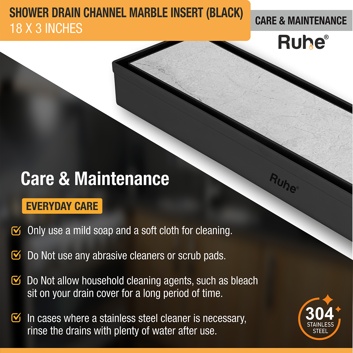 Marble Insert Shower Drain Channel (18 x 3 Inches) Black PVD Coated - by Ruhe®