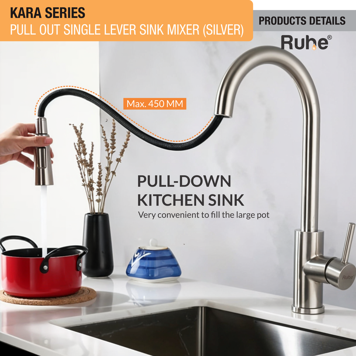 Kara Pull-out Kitchen Sink Mixer Tap with Dual Flow (Silver) 304-Grade SS - by Ruhe®