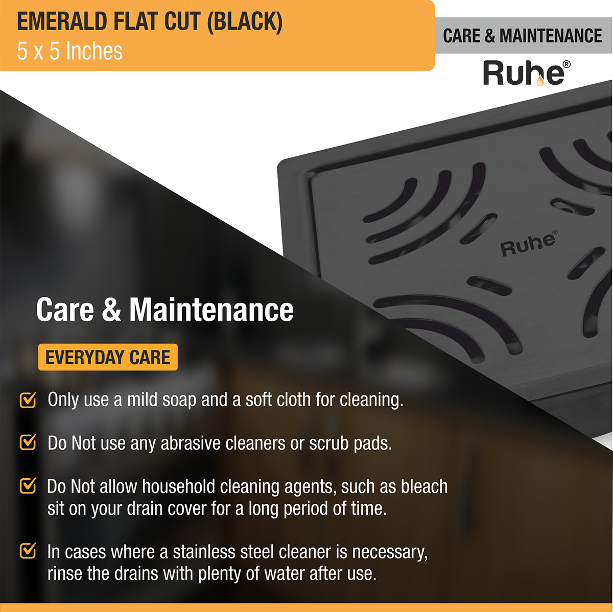 Emerald Square Flat Cut Floor Drain in Black PVD Coating (5 x 5 Inches) - by Ruhe