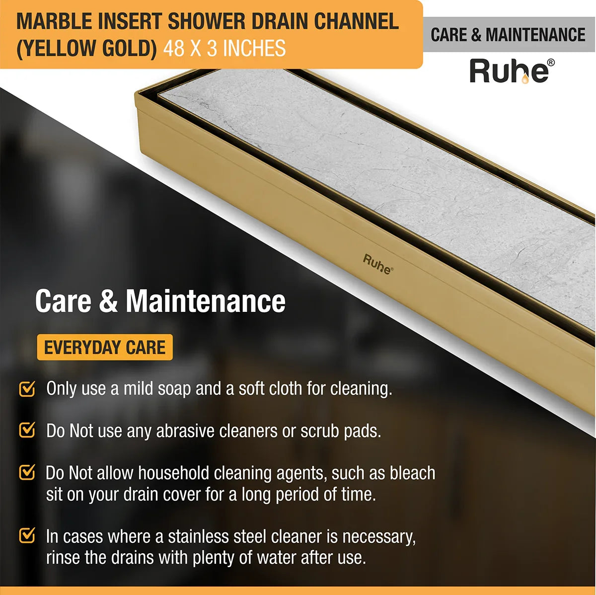 Marble-Insert Shower Drain Channel Yellow Gold (3 Inches)