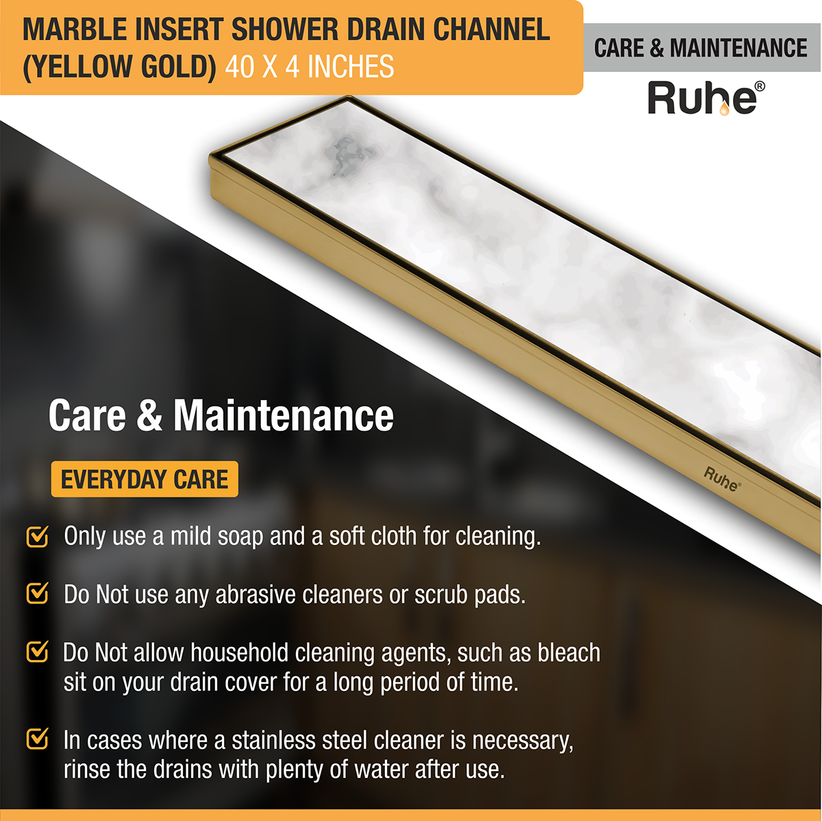Marble Insert Shower Drain Channel (40 x 4 Inches) YELLOW GOLD PVD Coated care and maintenance