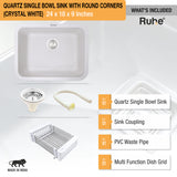 Quartz Single Bowl Kitchen Sink with Rounded Corners - Crystal White (24 x 18 x 9)  - by Ruhe®