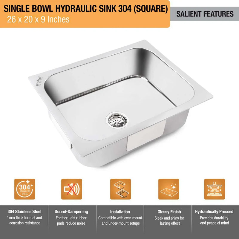 Single Bowl Kitchen Sink (26 x 20 x 9 Inches)