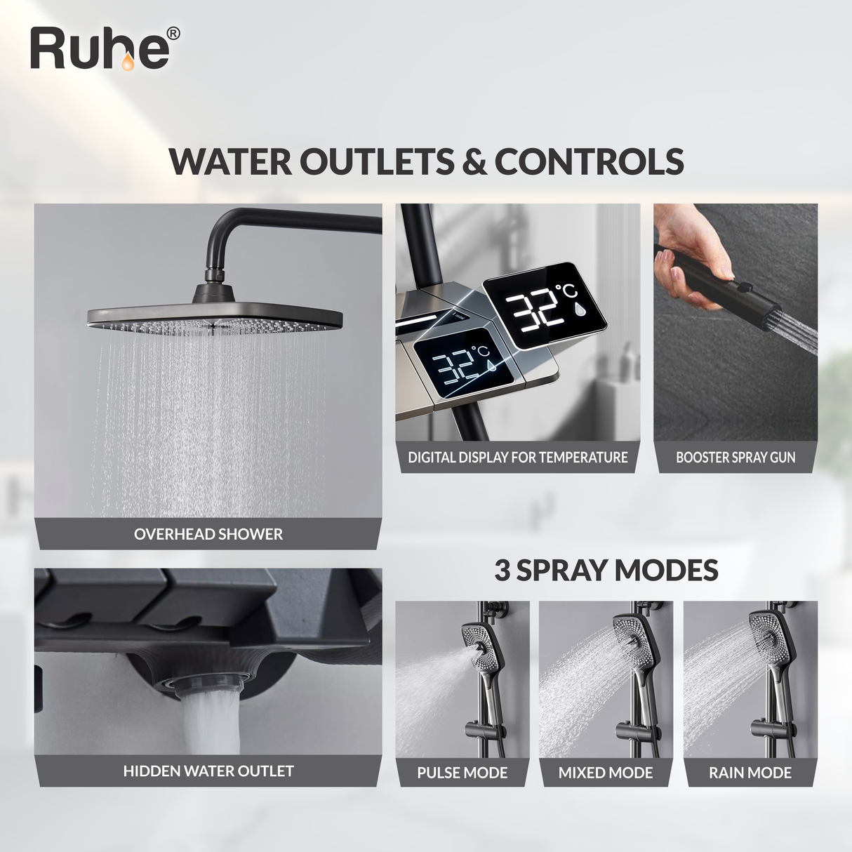 Rain Digital 4-in-1 Piano Shower Panel Complete Set including Overhead Shower, Multi-flow Hand Shower & Health Faucet - by Ruhe