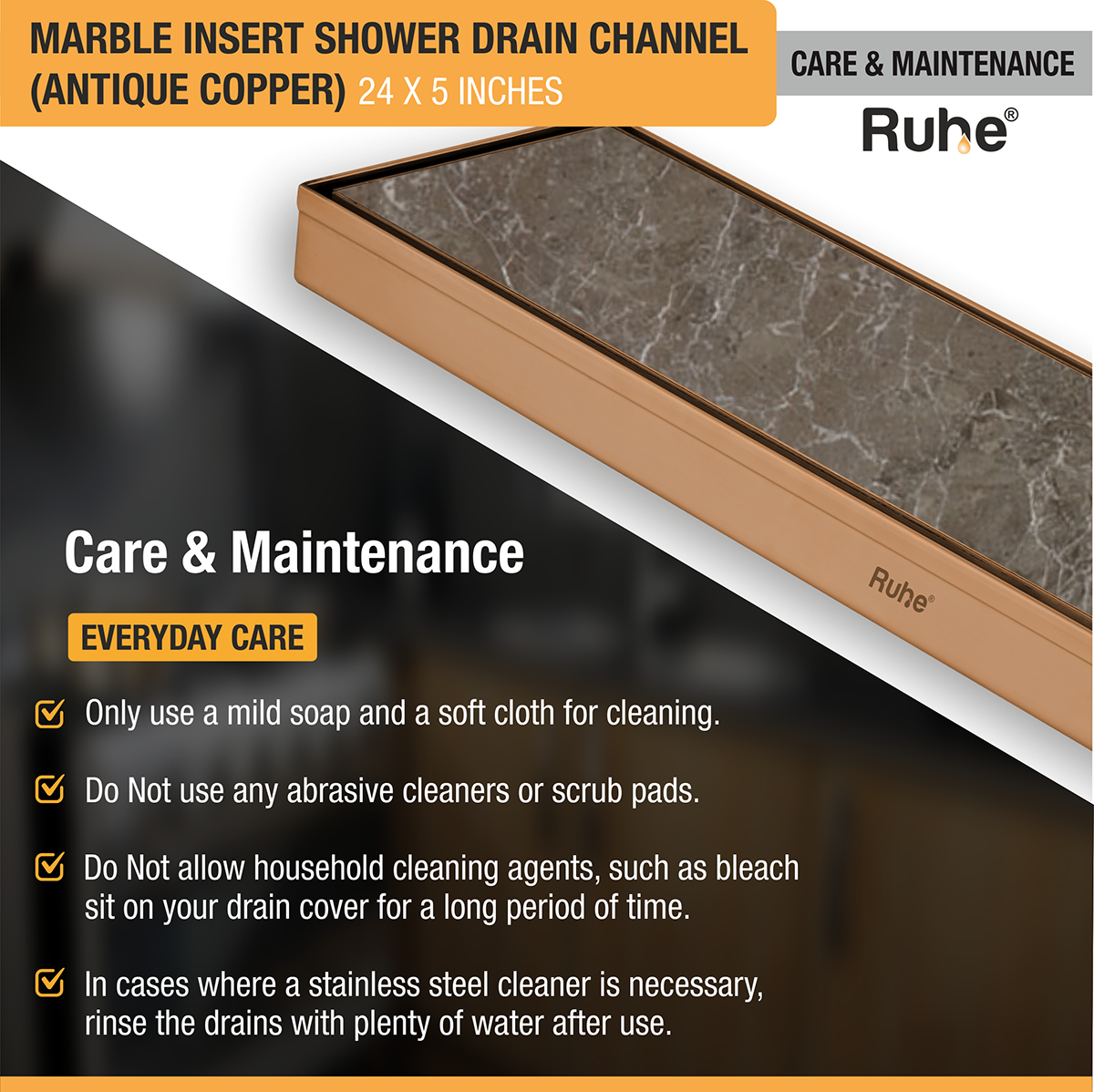 Marble Insert Shower Drain Channel (24 x 5 Inches) ROSE GOLD PVD Coated care and maintenance