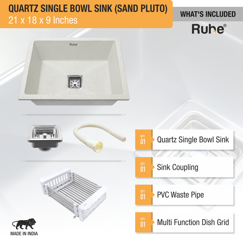 Quartz Single Bowl Kitchen Sink (21 x 18 x 9 Inches)