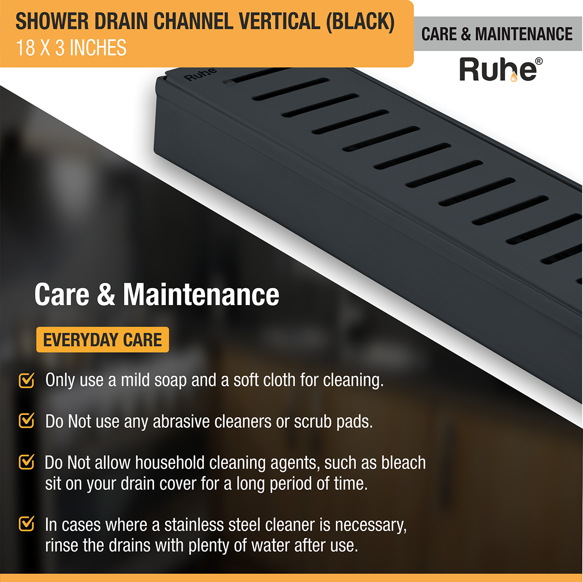 Vertical Shower Drain Channel (18 x 3 Inches) Black PVD Coated care and maintenance