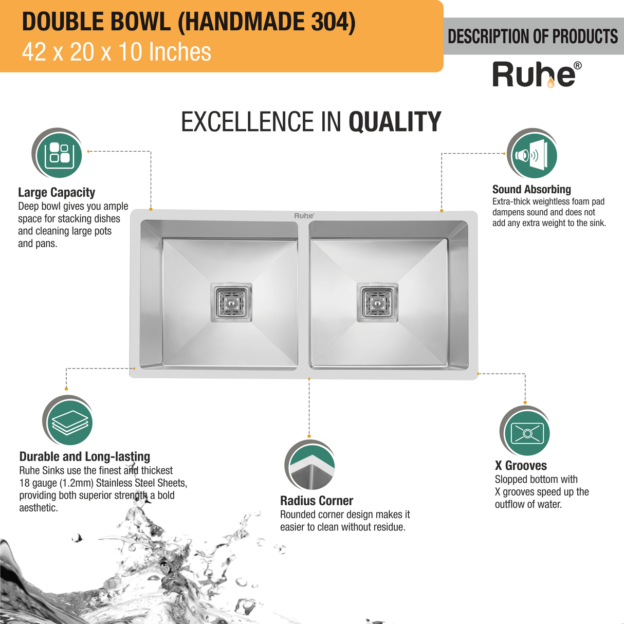 Handmade Double Bowl 304-Grade (42 x 20 x 10 Inches) Kitchen Sink - by Ruhe®