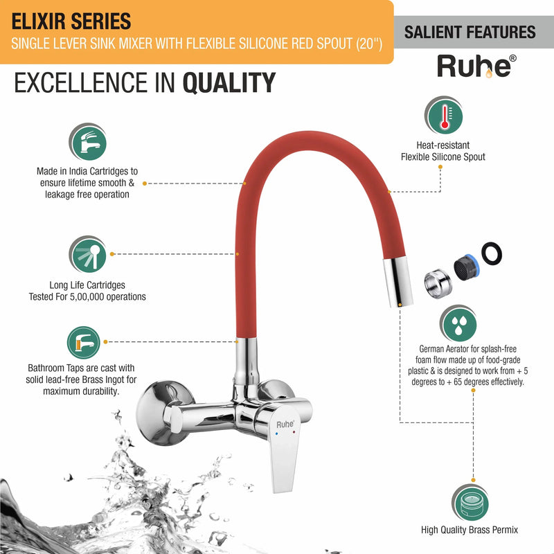 Elixir Single Lever Wall-mount Kitchen Sink Mixer Tap with Coloured Silicone Spout