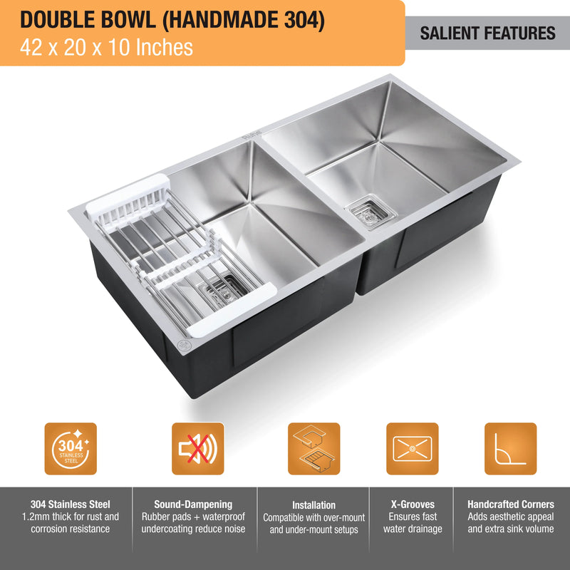 Handmade Double Bowl Kitchen Sink (42 x 20 x 10 Inches)