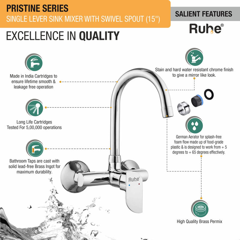 Pristine Single Lever Wall-mount Kitchen Sink Mixer Tap with Swivel Spout
