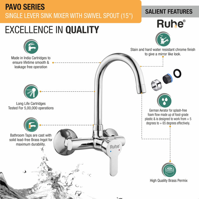 Pavo Single Lever Wall-mount Kitchen Sink Mixer Tap with Swivel Spout