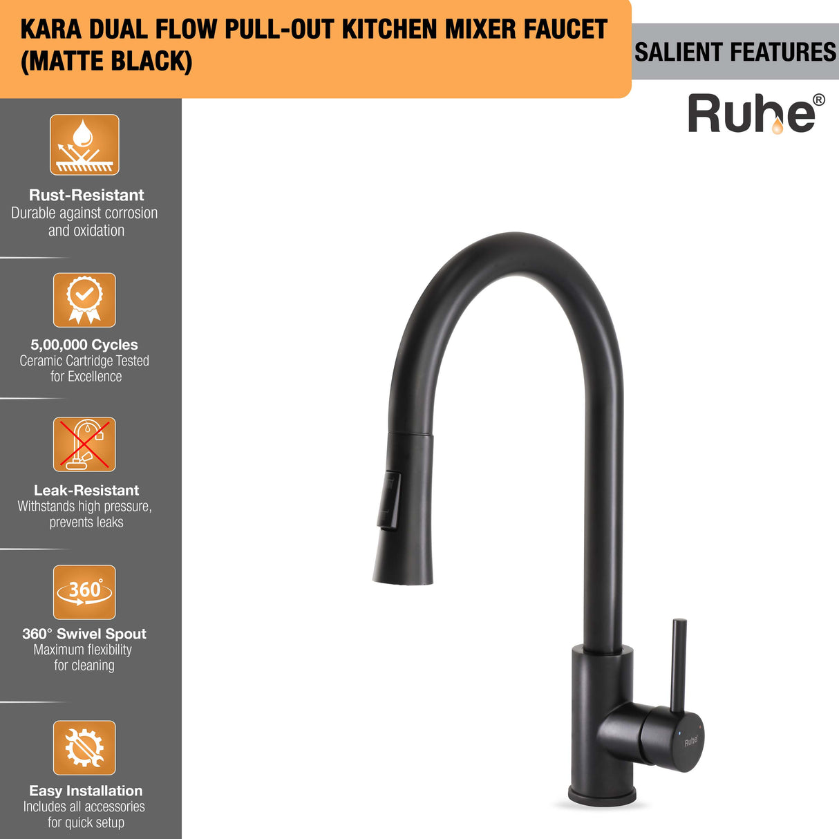 Kara Dual Flow Pull-out Kitchen Mixer Faucet (Matte Black)