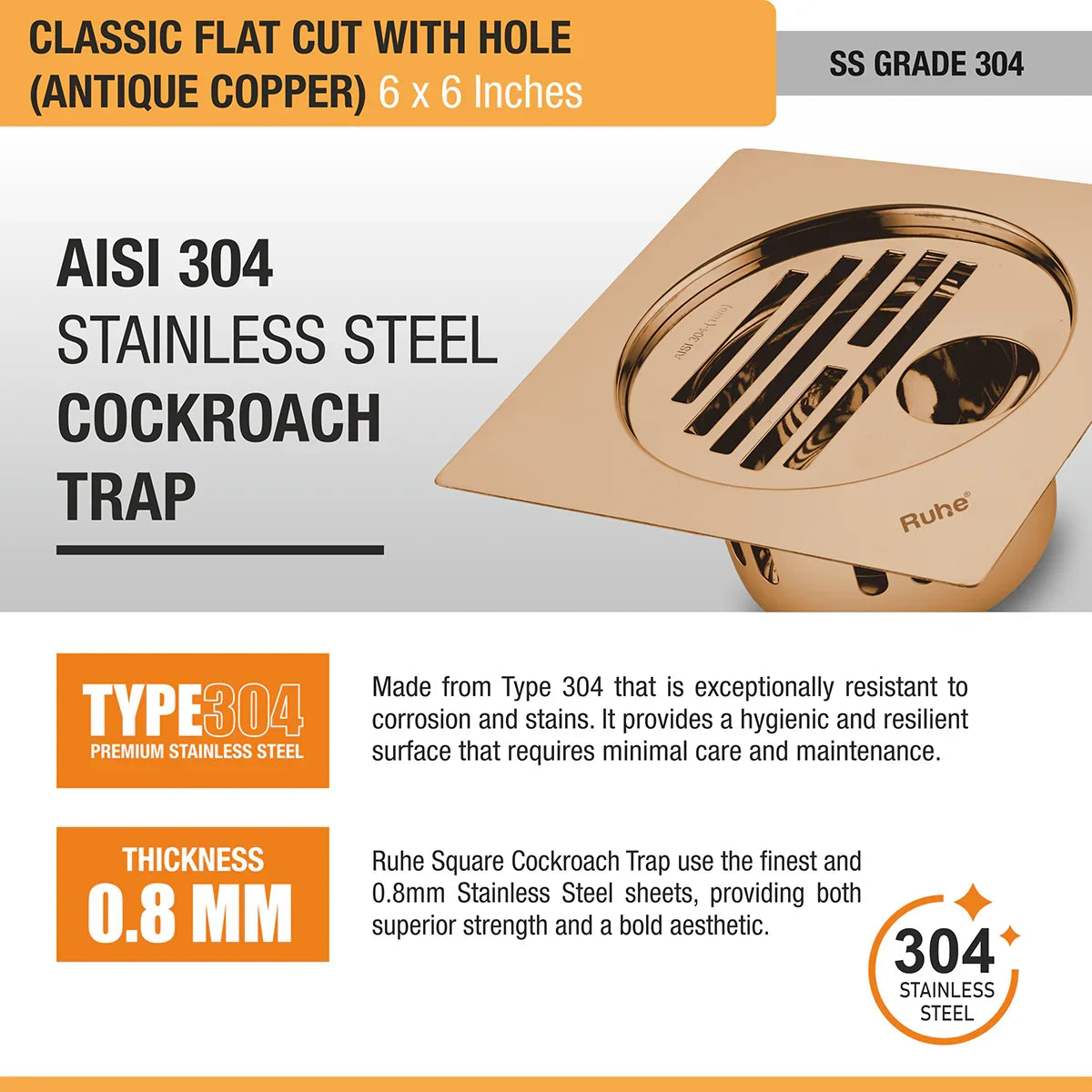 Classic Square Flat Cut Floor Drain in Antique Copper PVD Coating (6 x 6 Inches) with Hole - by Ruhe