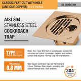 Classic Square Flat Cut Floor Drain in Antique Copper PVD Coating (6 x 6 Inches) with Hole 304 stainless steel