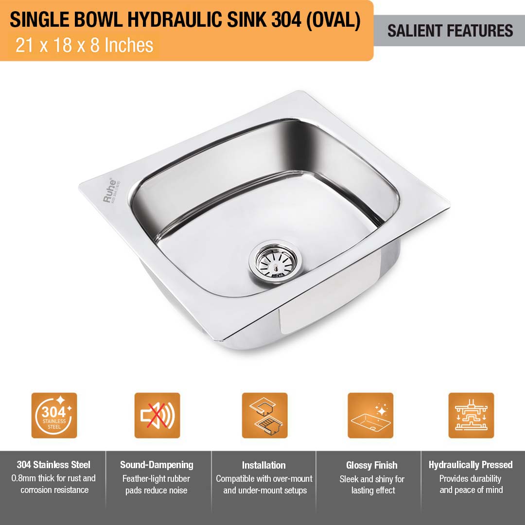 Oval Single Bowl 304-Grade Kitchen Sink (21 x 18 x 8 inches)– by Ruhe