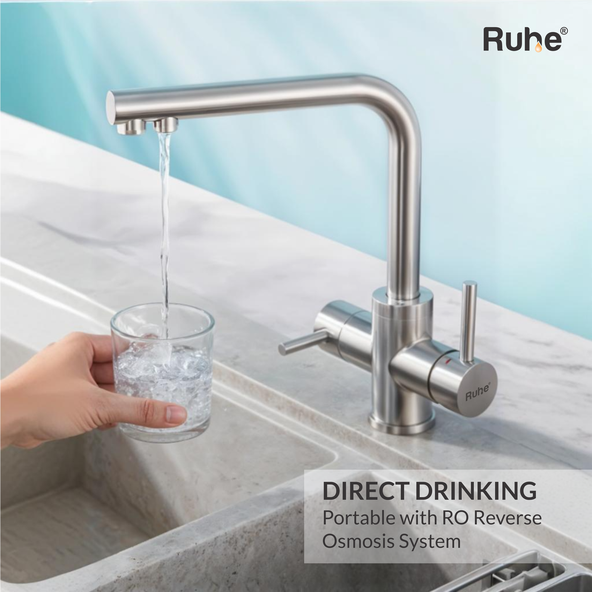 Trimm Single Lever Table Mount Sink Mixer Faucet with  RO Water Supply (Silver) 304-Grade SS - by Ruhe