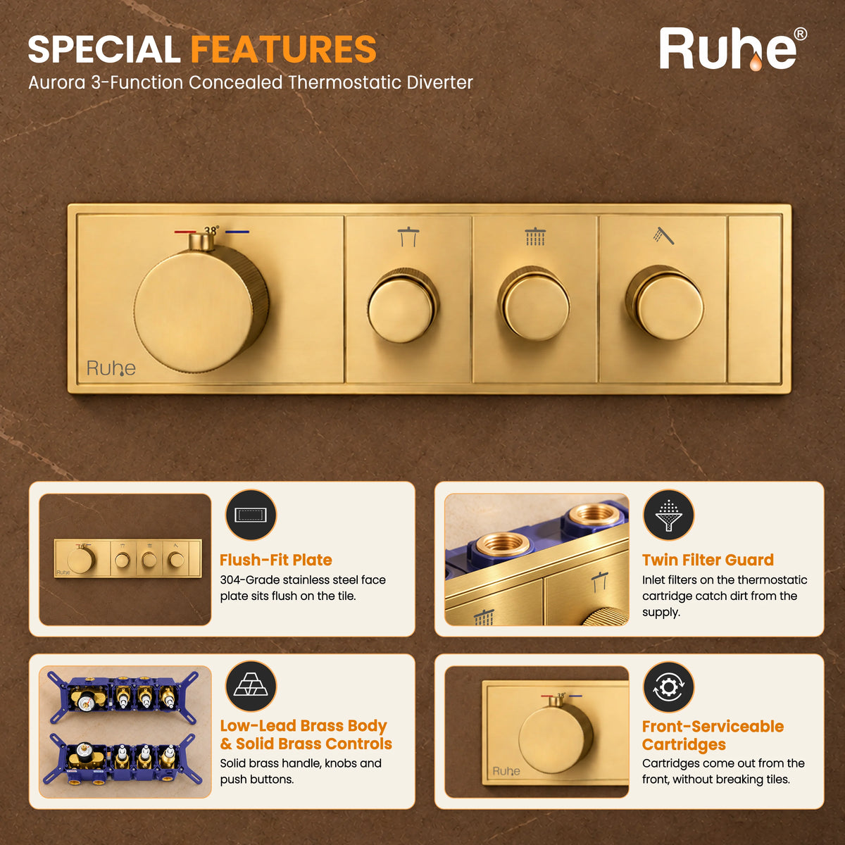 Aurora 3-Function Brass Concealed Thermostatic Diverter – Yellow Gold