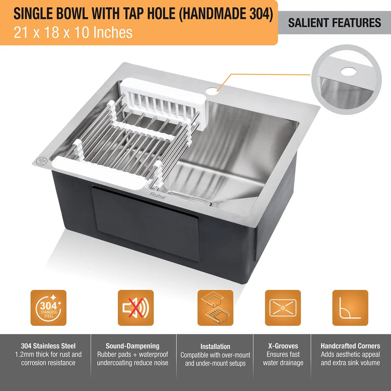Handmade Single Bowl with Tap Hole Kitchen Sink (21 x 18 x 10 Inches)