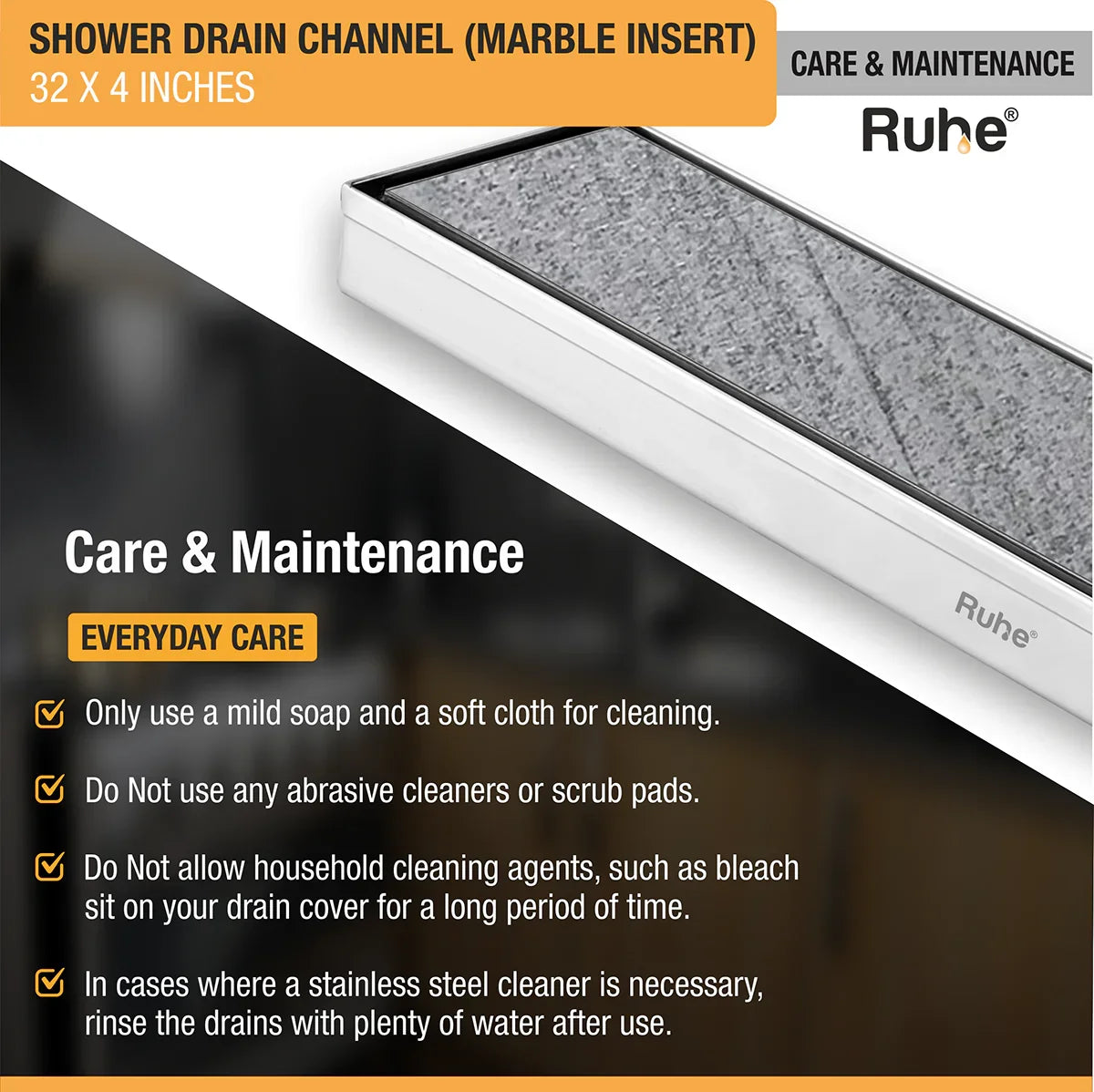 Marble-Insert Shower Drain Channel (4 Inches)