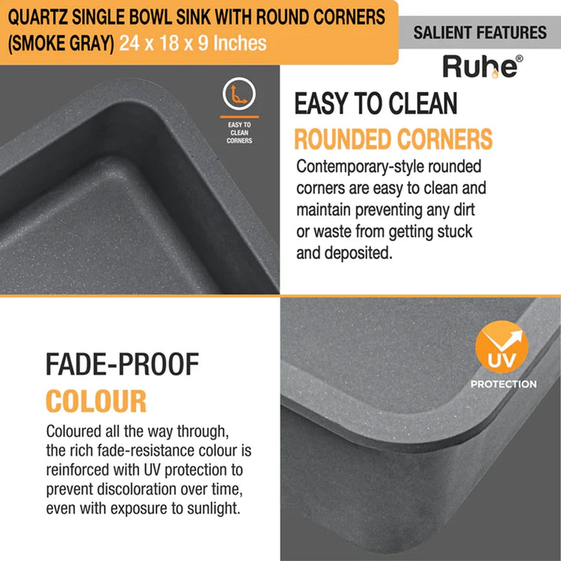 Quartz Single Bowl Round Kitchen Sink (24 x 18 x 9 Inches)