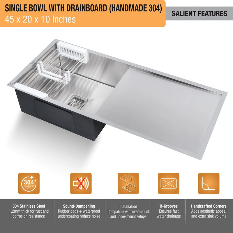 Handmade Single Bowl with Drainboard Kitchen Sink (45 x 20 x 10 Inches)