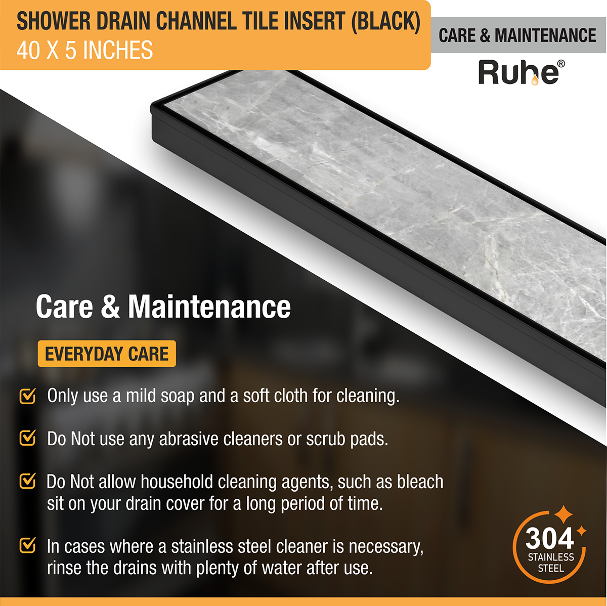 Tile Insert Shower Drain Channel (40 x 5 Inches) Black PVD Coated - by Ruhe®