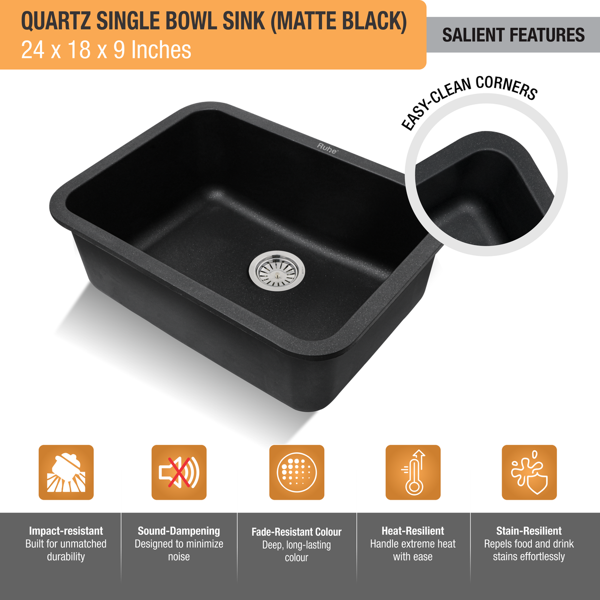 Matte Black Quartz Single Bowl Kitchen Sink  (24 x 18 x 9 inches) - by Ruhe