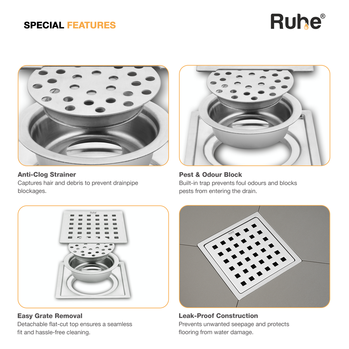 Pearl Square Flat Cut Floor Drain