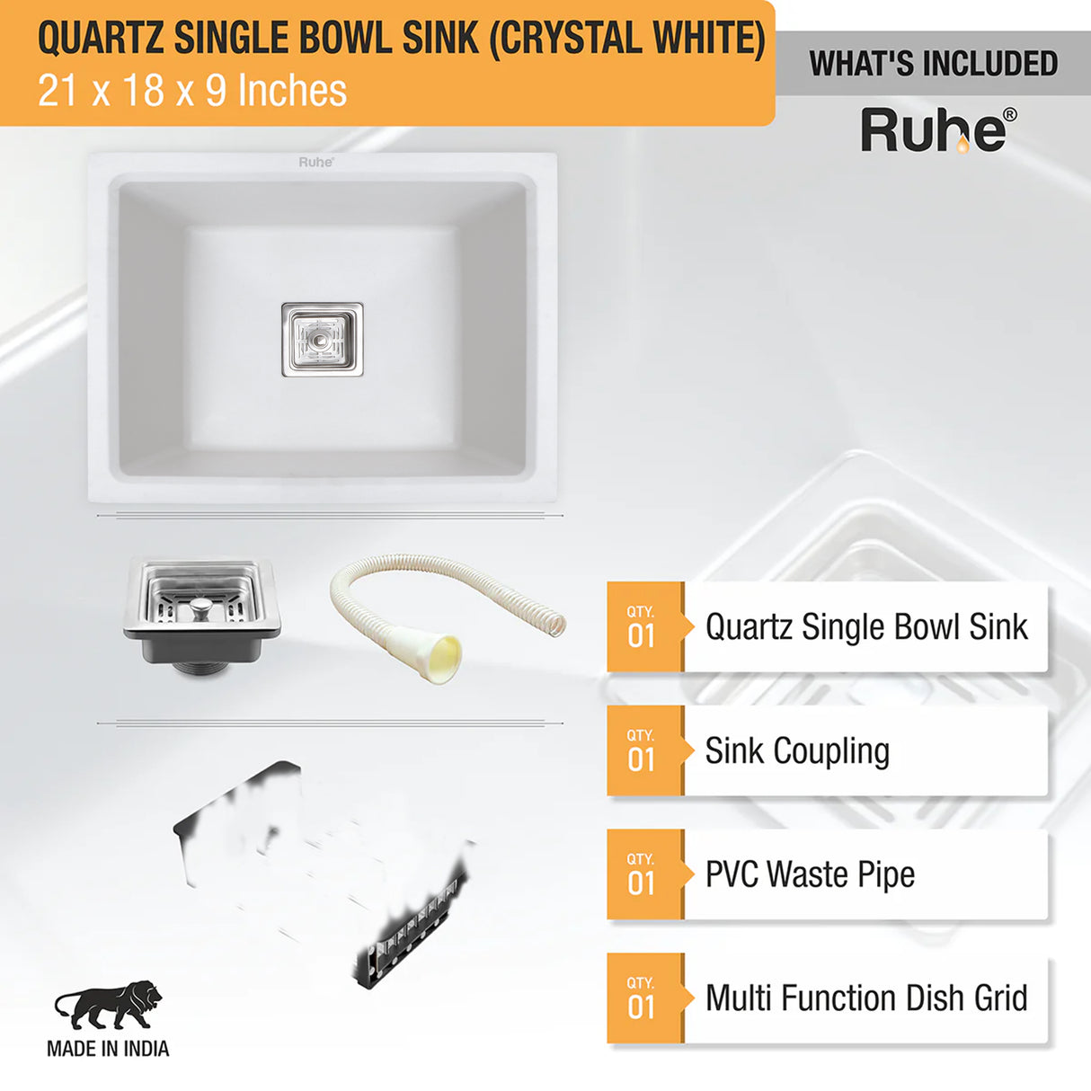 Quartz Single Bowl Kitchen Sink - Crystal White (21 x 18 x 9 inches) - by Ruhe®