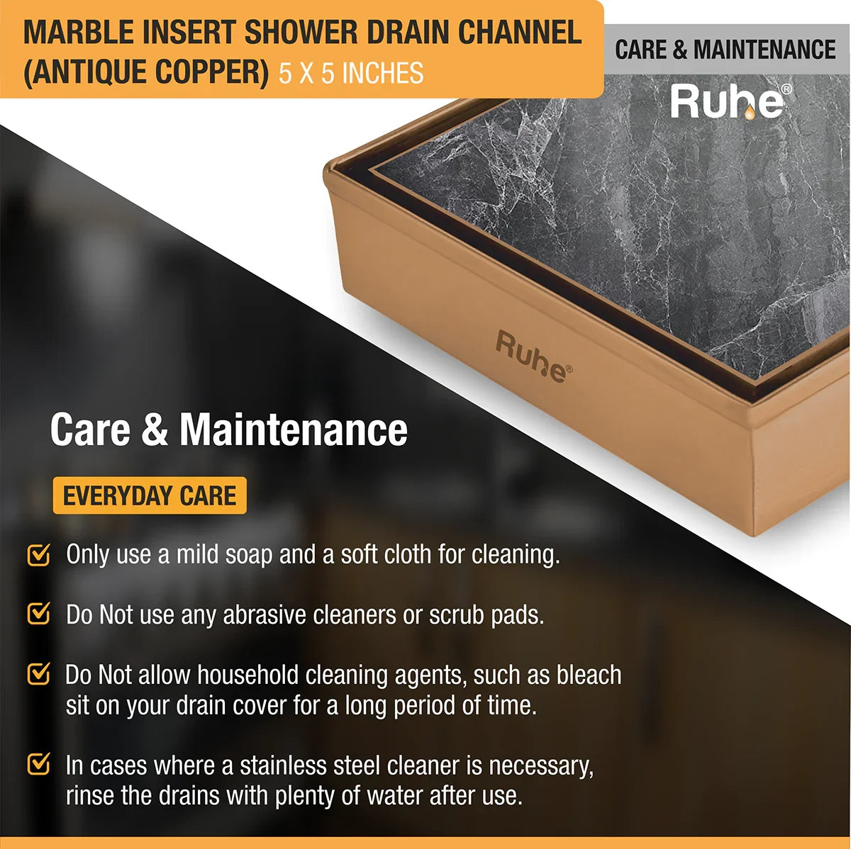 Marble-Insert Shower Drain Channel (5 x 5 Inches)