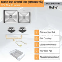 Handmade 304-Grade Double Bowl Kitchen Sink with Tap Hole (37 x 18 x 10 Inches) – Matt Steel