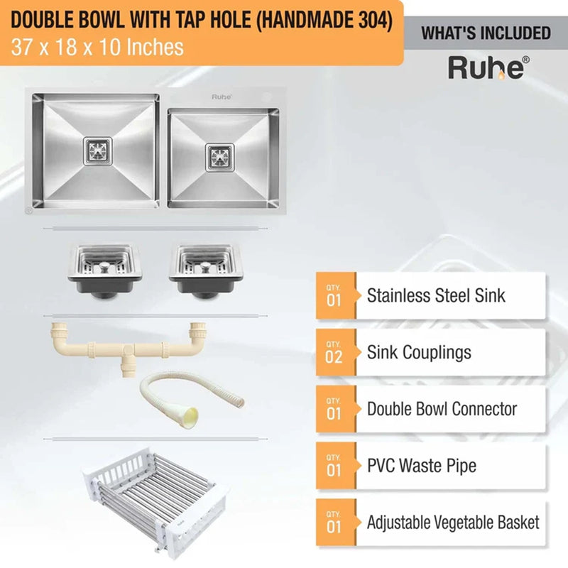 Handmade Double Bowl with Tap Hole Kitchen Sink (37 x 18 x 10 Inches)