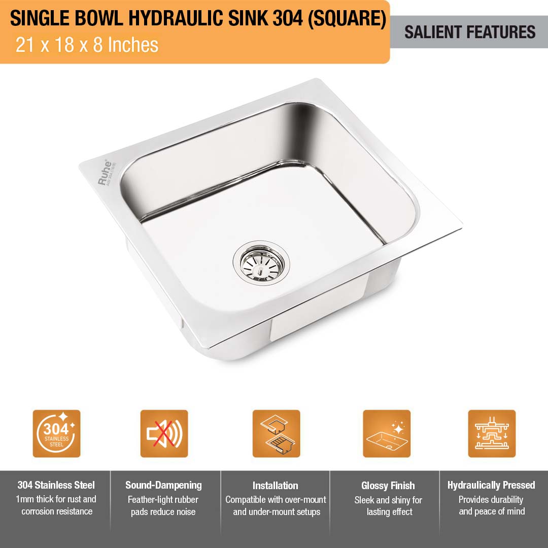 Square Single Bowl 304-Grade Kitchen Sink (21 x 18 x 8 inches)– by Ruhe