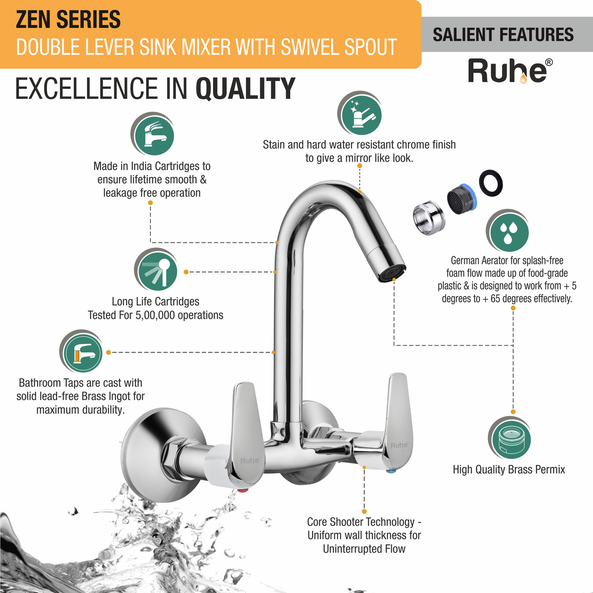 Zen Sink Mixer Brass Faucet with Swivel Spout - by Ruhe