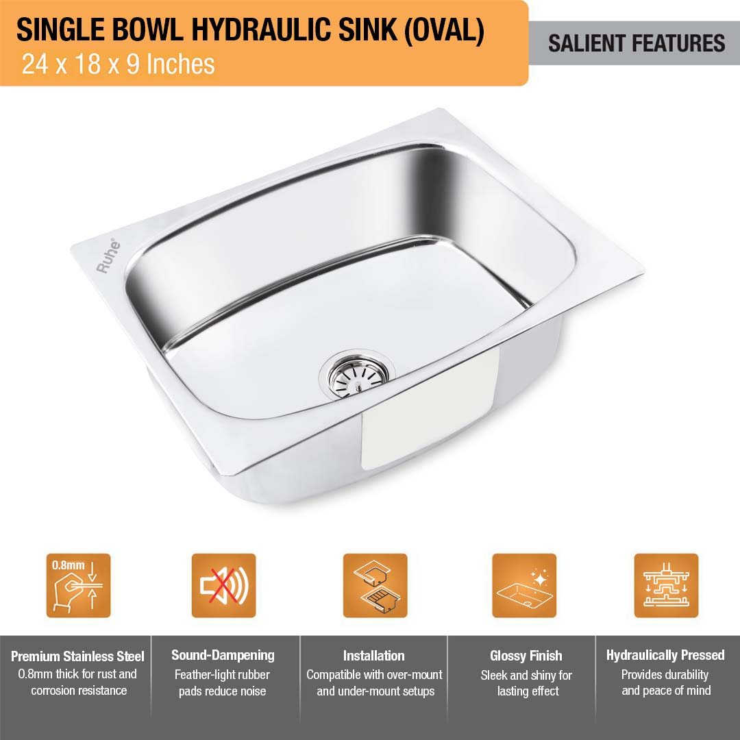 Oval Single Bowl (24 x 18 x 9 inches) Kitchen Sink - by Ruhe