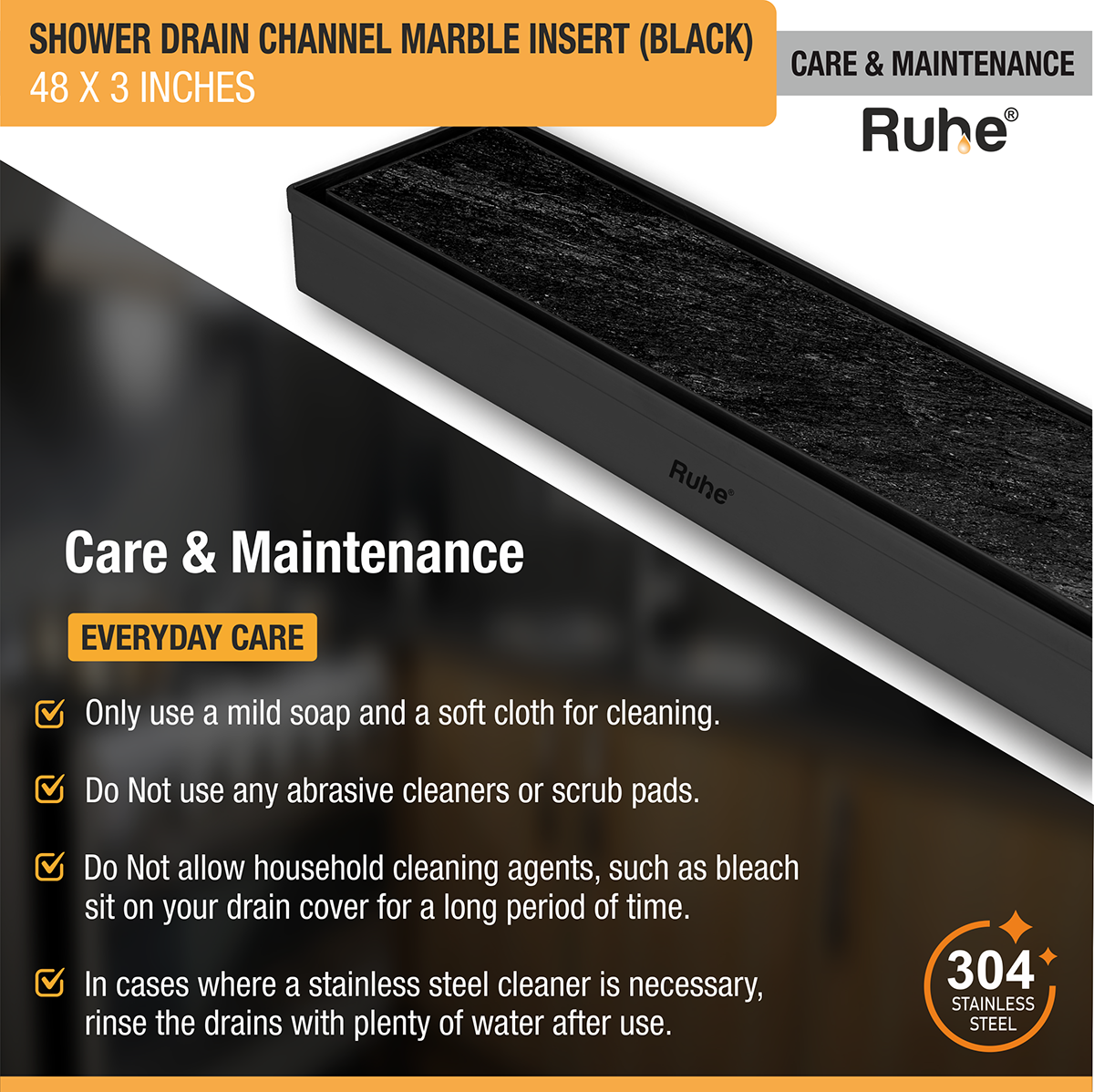 Marble Insert Shower Drain Channel (48 x 3 Inches) Black PVD Coated - by Ruhe®