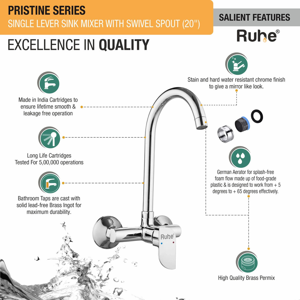 Pristine Single Lever Wall-mount Kitchen Sink Mixer Tap with Swivel Spout